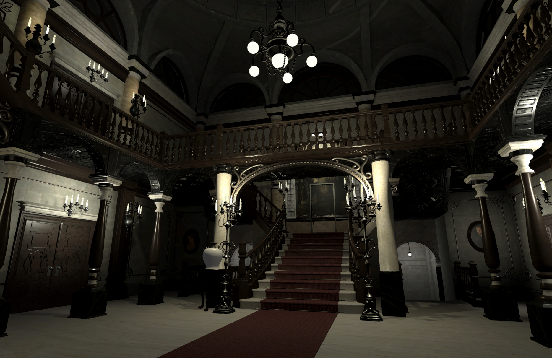 Spencer Mansion Hall — a grand, dimly lit mansion entrance hall with a double staircase